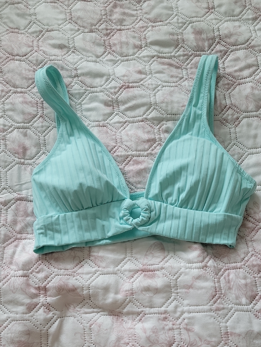aerie Light Aqua Ribbed Bikini Top with Front Ring